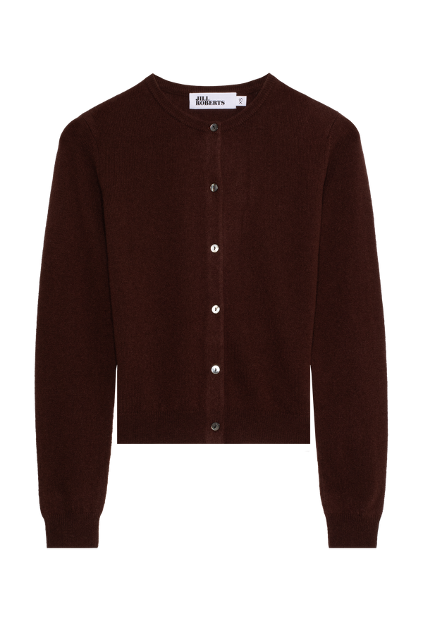 Brown button-up cardigan on a white background