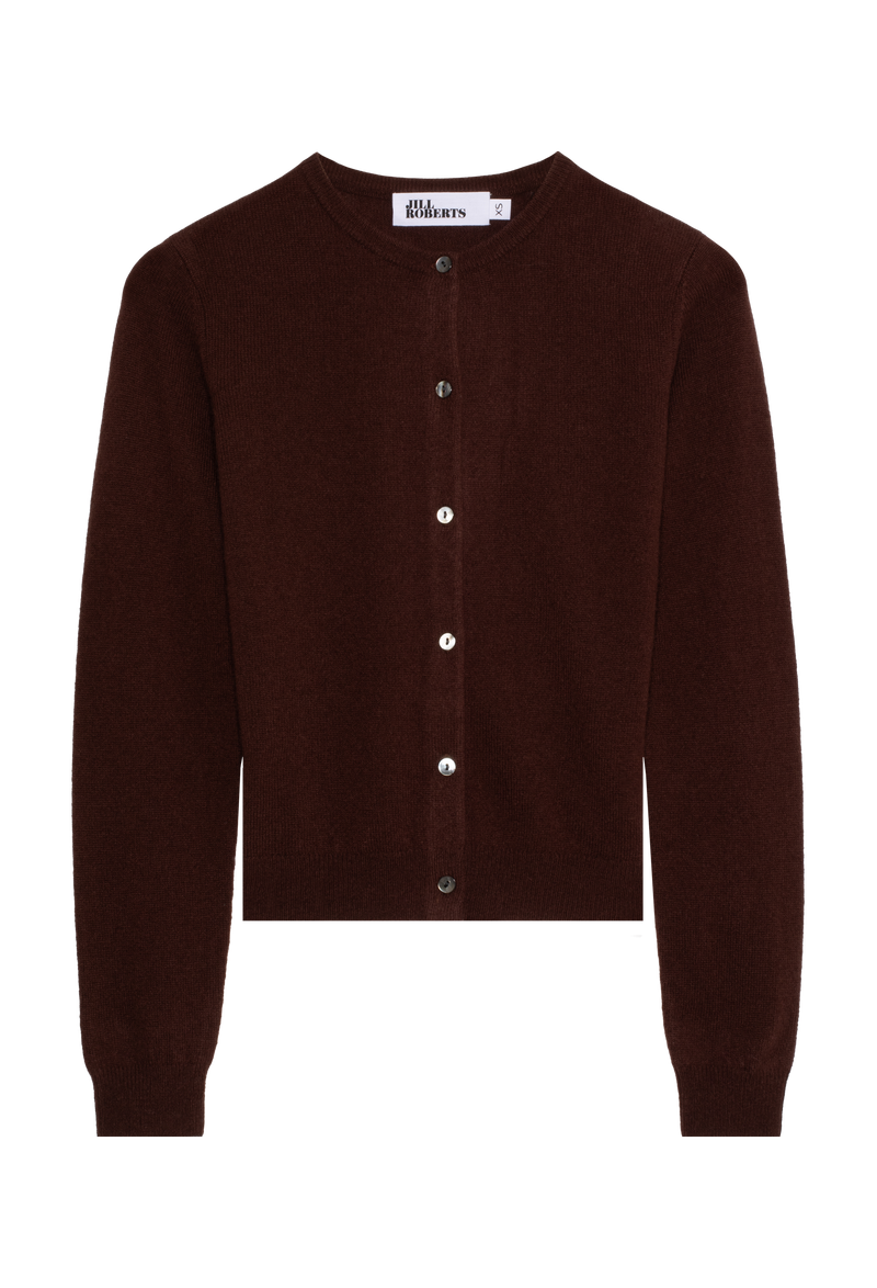 Brown button-up cardigan on a white background