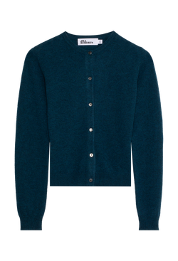 Dark blue cardigan with button details on a white background