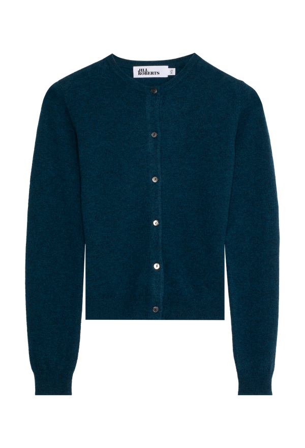 Dark blue cardigan with button details on a white background