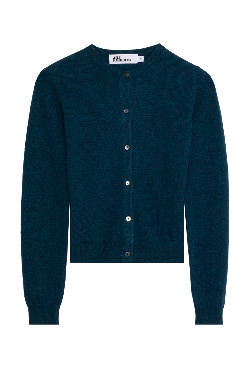 Dark blue cardigan with button details on a white background