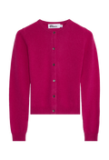 fuchsia cardigan with dark buttons on a white background