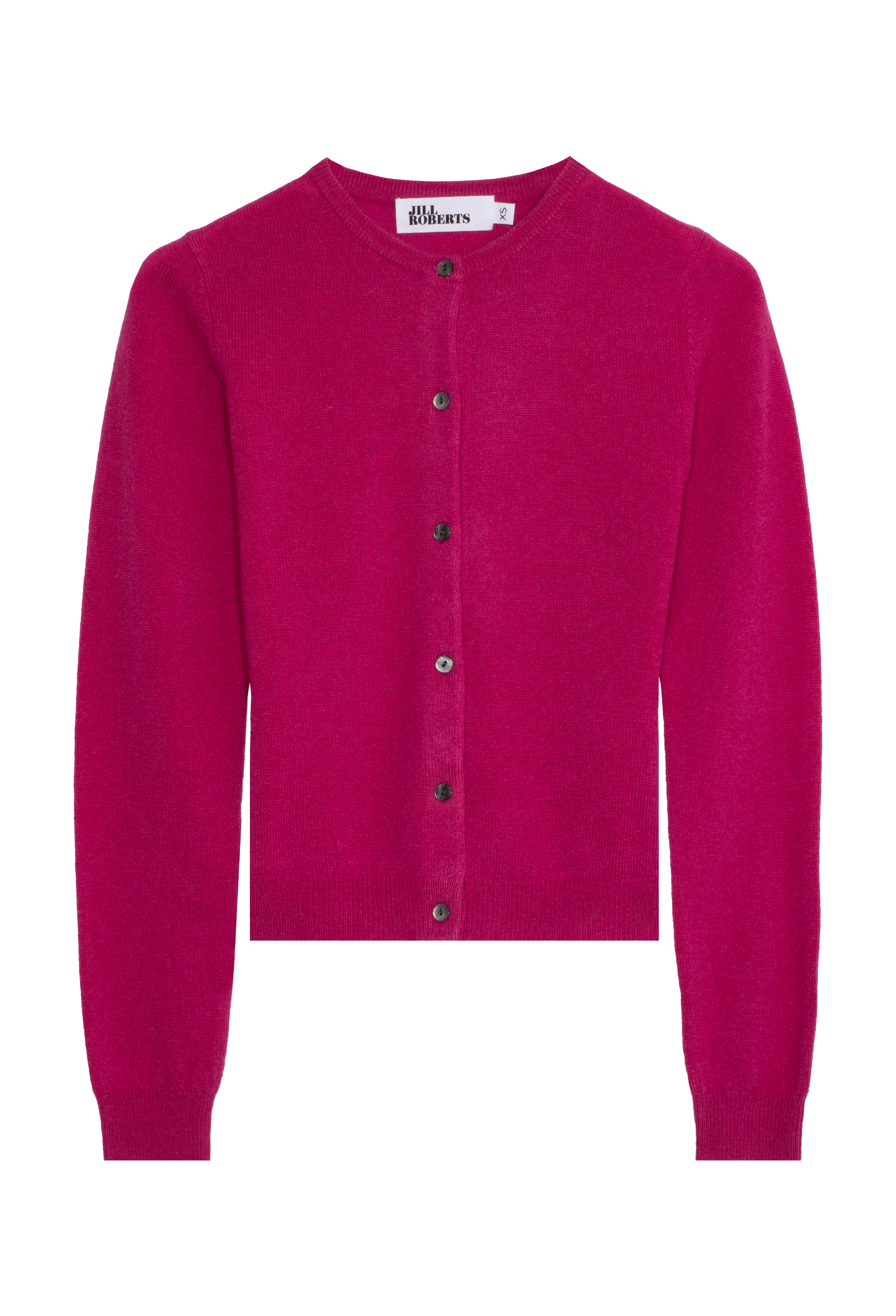 fuchsia cardigan with dark buttons on a white background