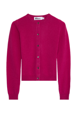 fuchsia cardigan with dark buttons on a white background