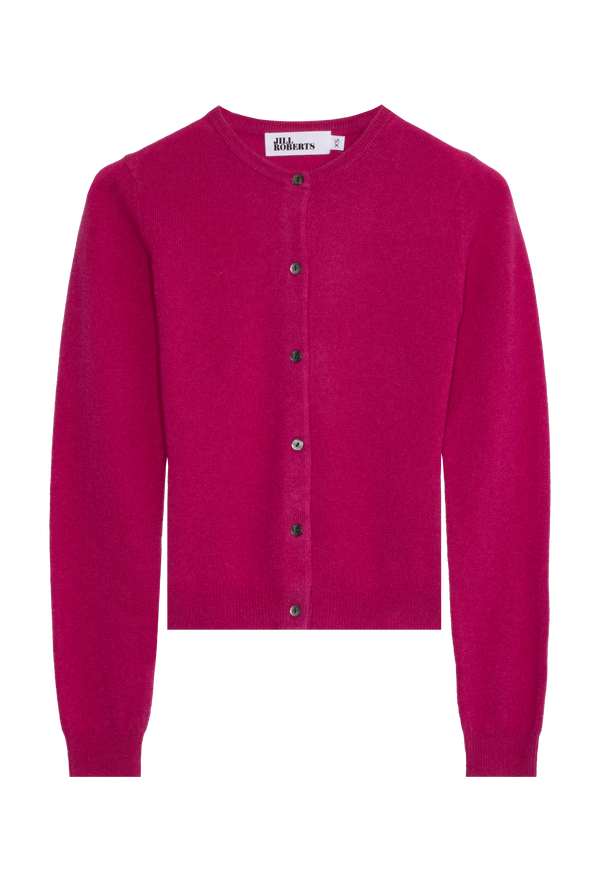 fuchsia cardigan with dark buttons on a white background