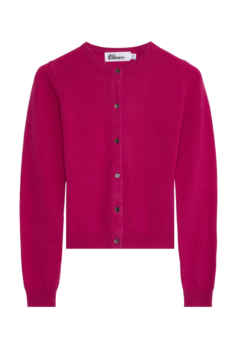 fuchsia cardigan with dark buttons on a white background