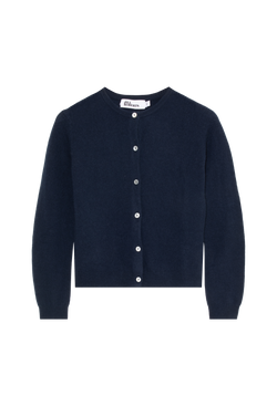 Navy blue cardigan with white buttons on a white background