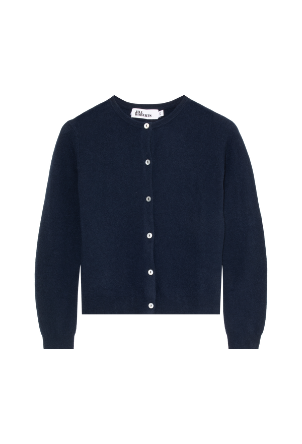 Navy blue cardigan with white buttons on a white background