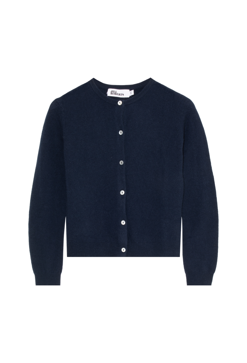 Navy blue cardigan with white buttons on a white background