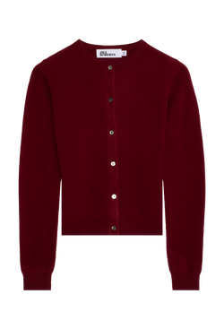 Maroon cardigan with button details on a white background