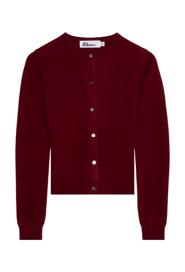 Maroon cardigan with button details on a white background