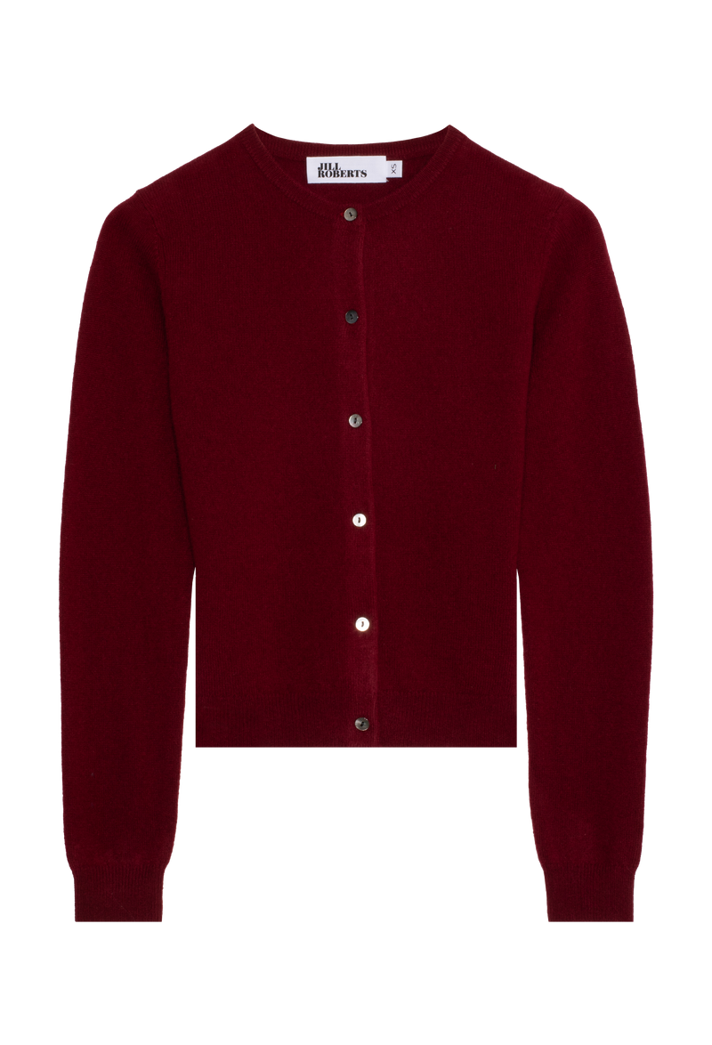 Maroon cardigan with button details on a white background
