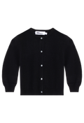 Black cardigan with white buttons on a white background