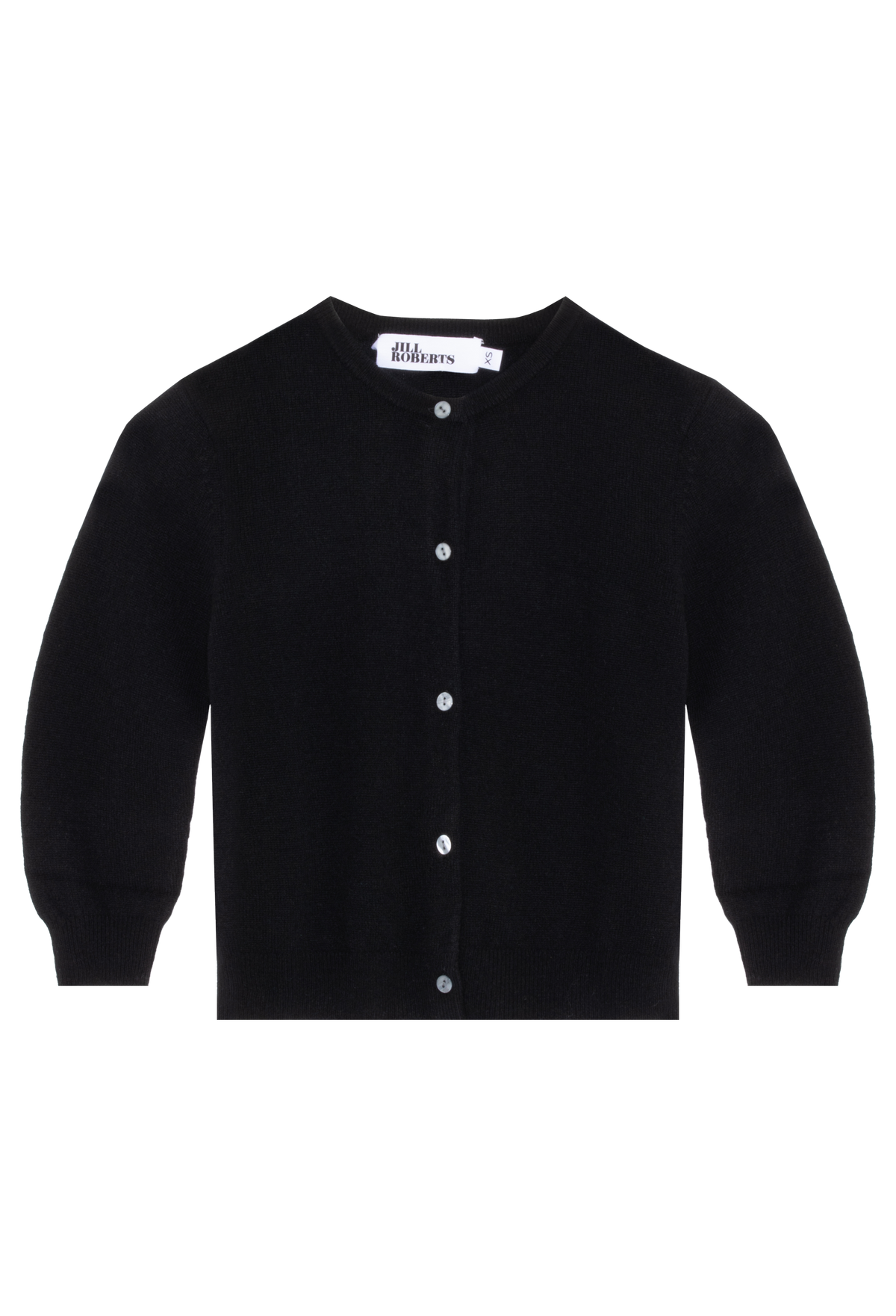 Black cardigan with white buttons on a white background
