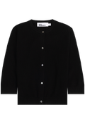 A black ribbed-knit cardigan sweater, featuring a crew neck, long sleeves, and a front button closure with silver buttons, shown flat on a white background.