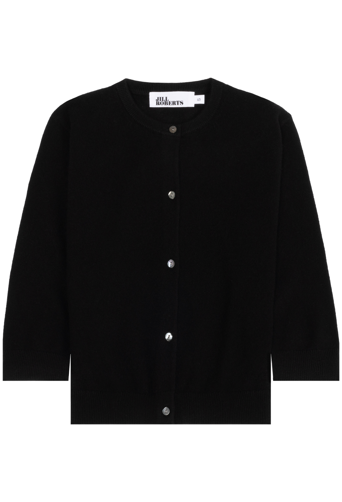A black ribbed-knit cardigan sweater, featuring a crew neck, long sleeves, and a front button closure with silver buttons, shown flat on a white background.