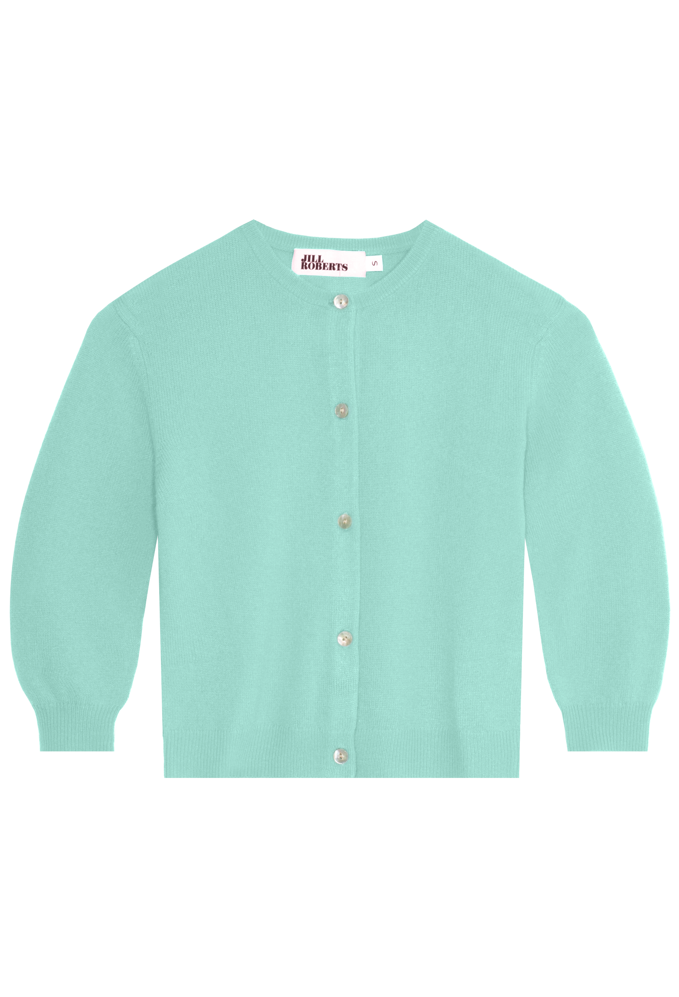 Light blue cardigan with button details on a white background