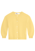 Yellow cardigan on a white background with a visible brand label.