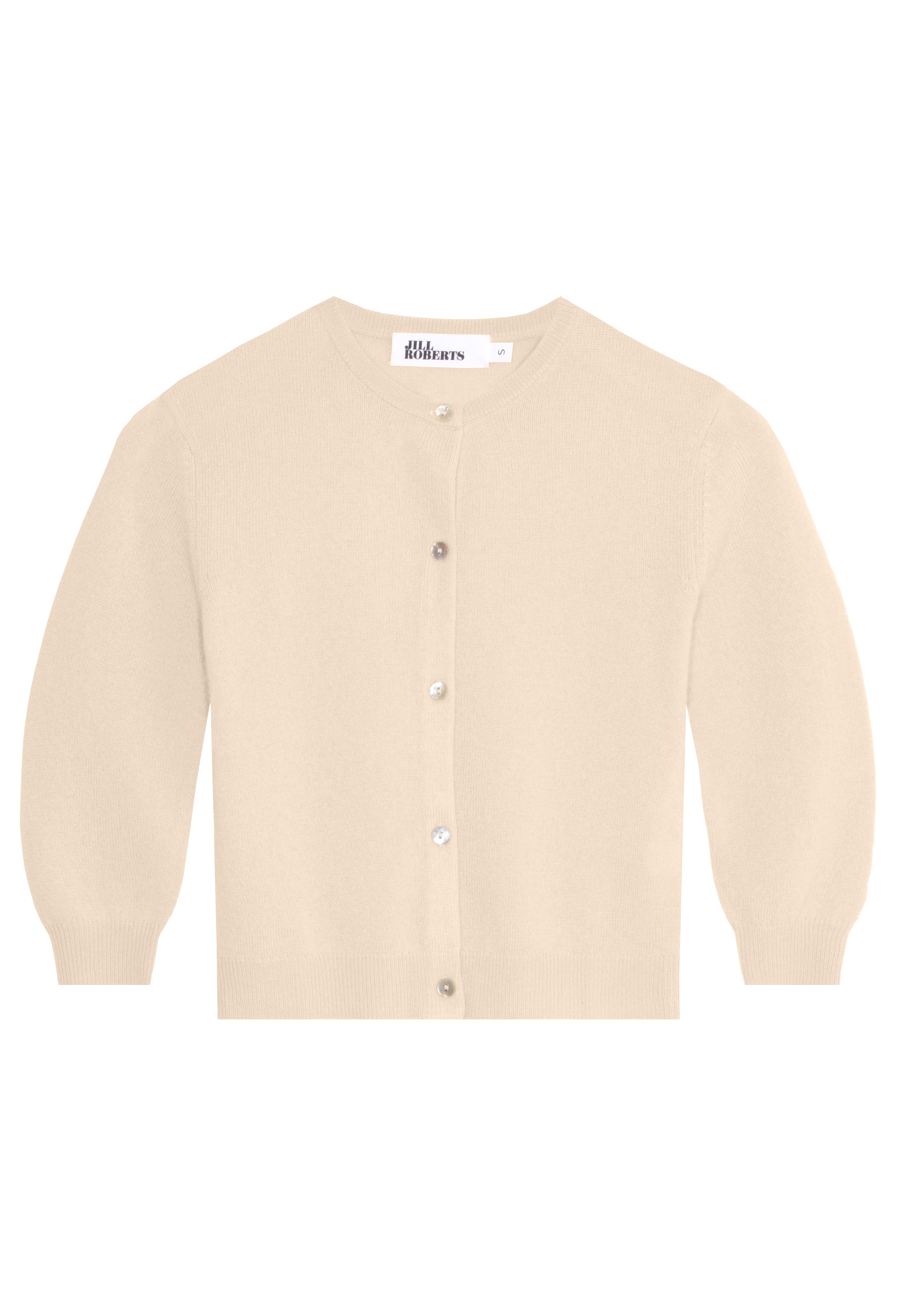 Beige cardigan with button details on a white background