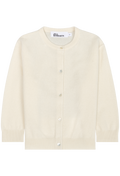 An off-white cream knit cardigan sweater featuring a round neckline, button-front closure, and ribbed cuffs and hem, shown flat on a white background.