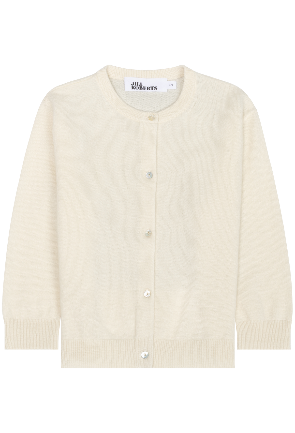 An off-white cream knit cardigan sweater featuring a round neckline, button-front closure, and ribbed cuffs and hem, shown flat on a white background.
