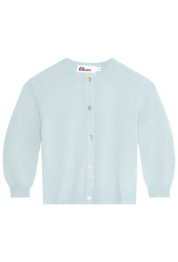 a cropped light blue 3/4 sleeve cashmere cardigan with five buttons. transparent background.
