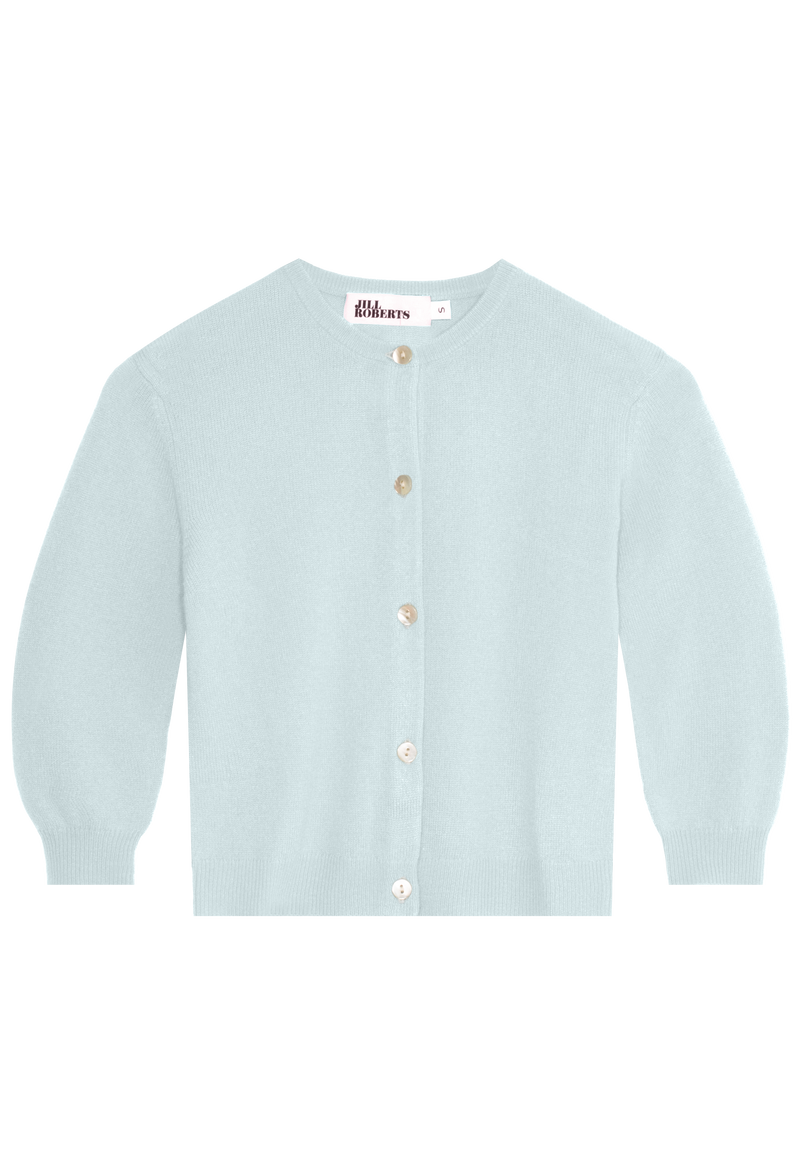 a cropped light blue 3/4 sleeve cashmere cardigan with five buttons. transparent background.