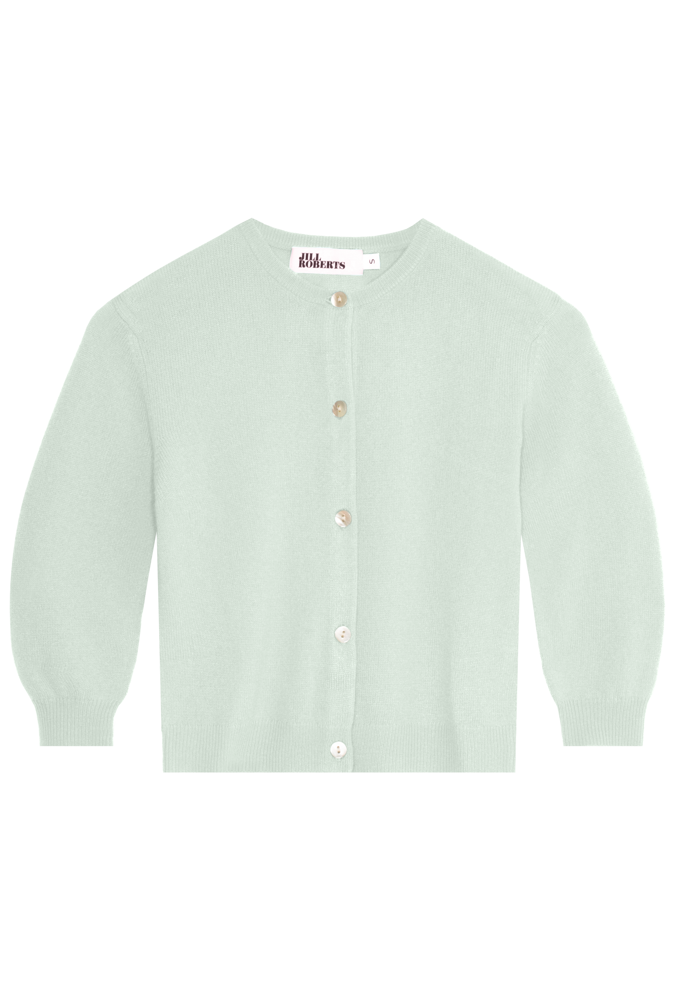 Light green cardigan with buttons on a white background