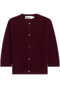 A burgundy knit cardigan sweater with a round neckline, front button closure, and ribbed cuffs and hem, shown flat on a white background. 