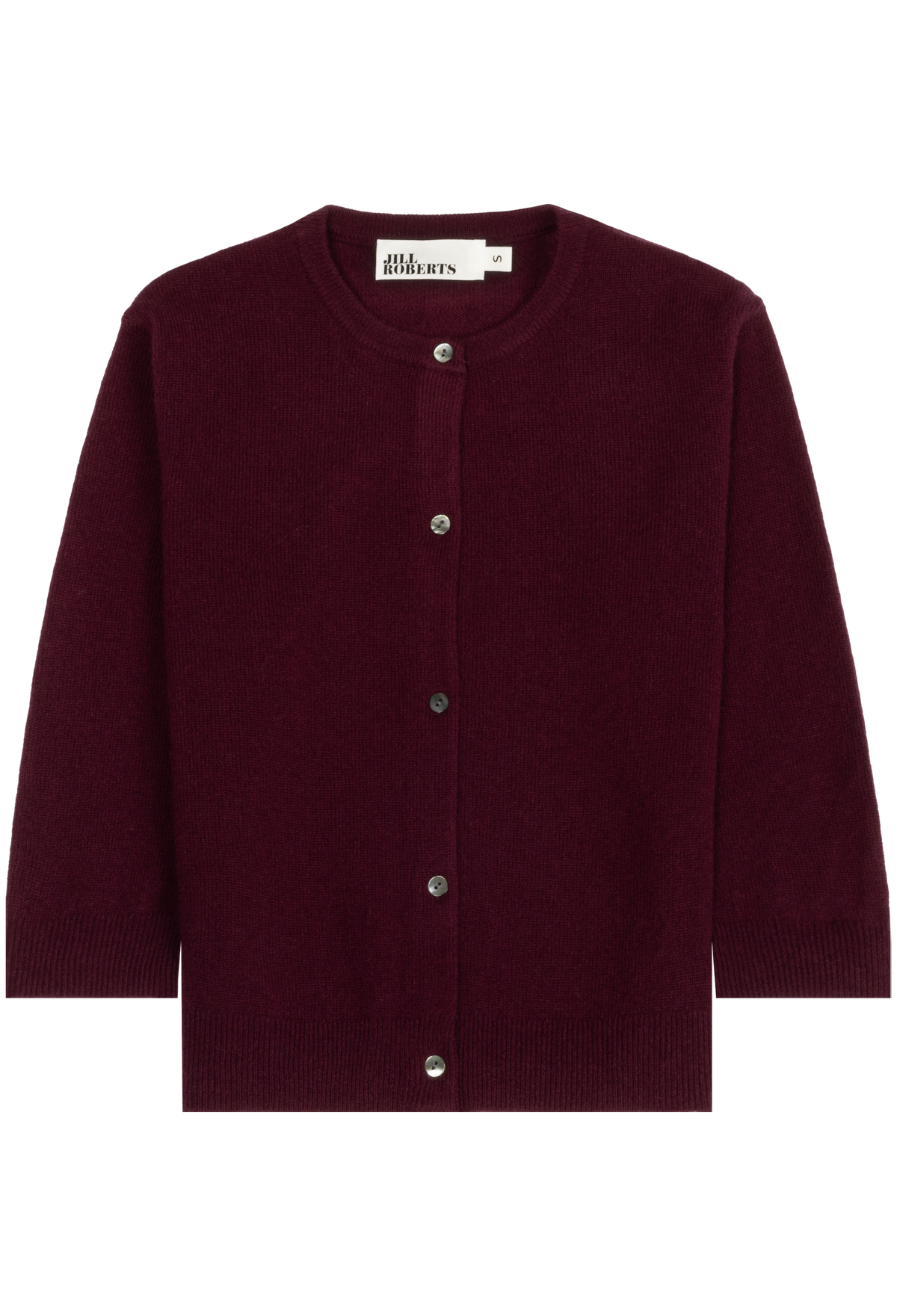 A burgundy knit cardigan sweater with a round neckline, front button closure, and ribbed cuffs and hem, shown flat on a white background. 