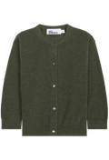 An olive green knit cardigan sweater with a crew neck and silver buttons, shown flat against a white background.
