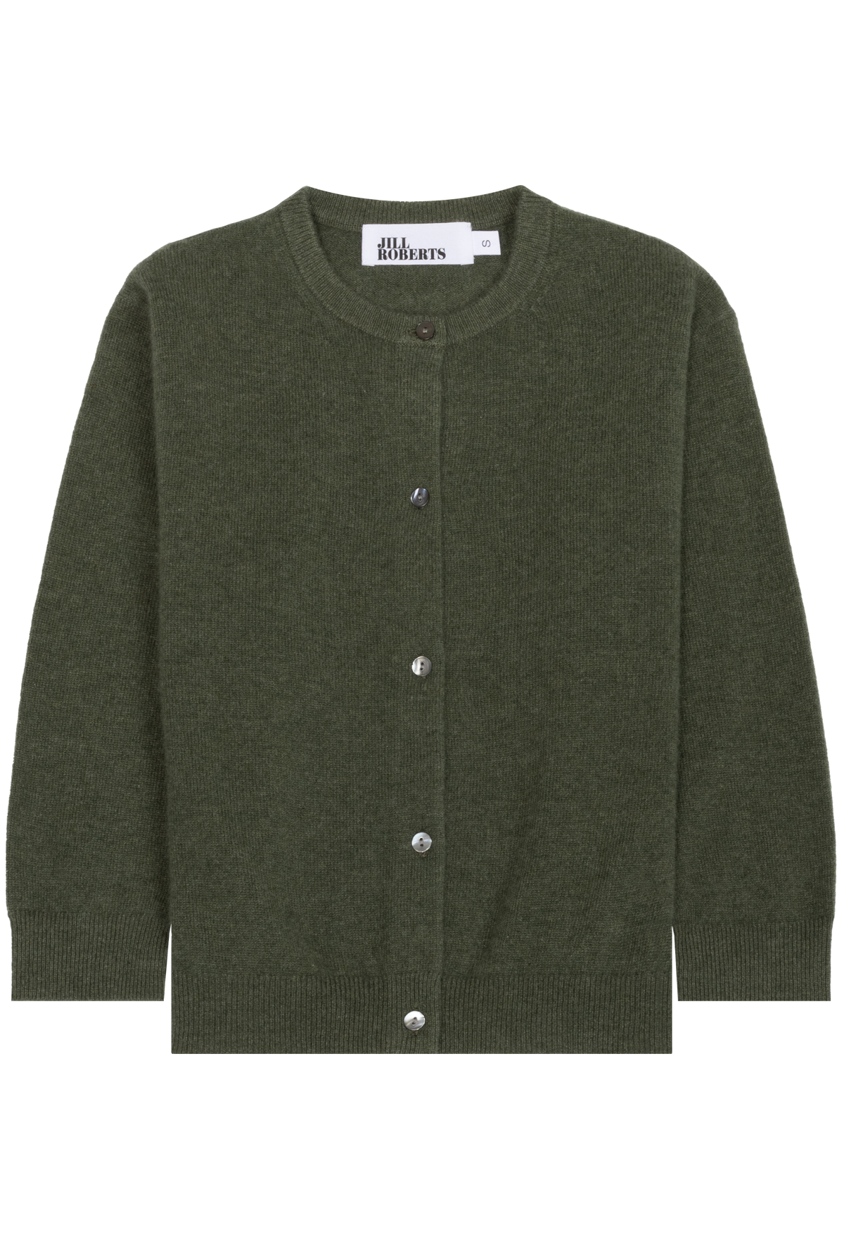 An olive green knit cardigan sweater with a crew neck and silver buttons, shown flat against a white background.