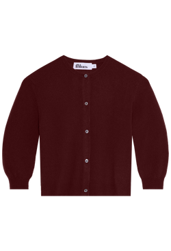 a dark red cropped cashmere cardigan on a transparent background.