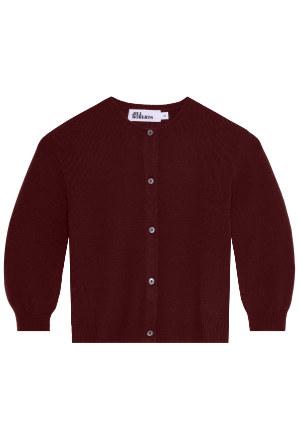 a dark red cropped cashmere cardigan on a transparent background.