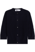 A dark navy blue knit cardigan sweater with a round neckline, front button closure, and ribbed cuffs and hem, shown flat on a white background.