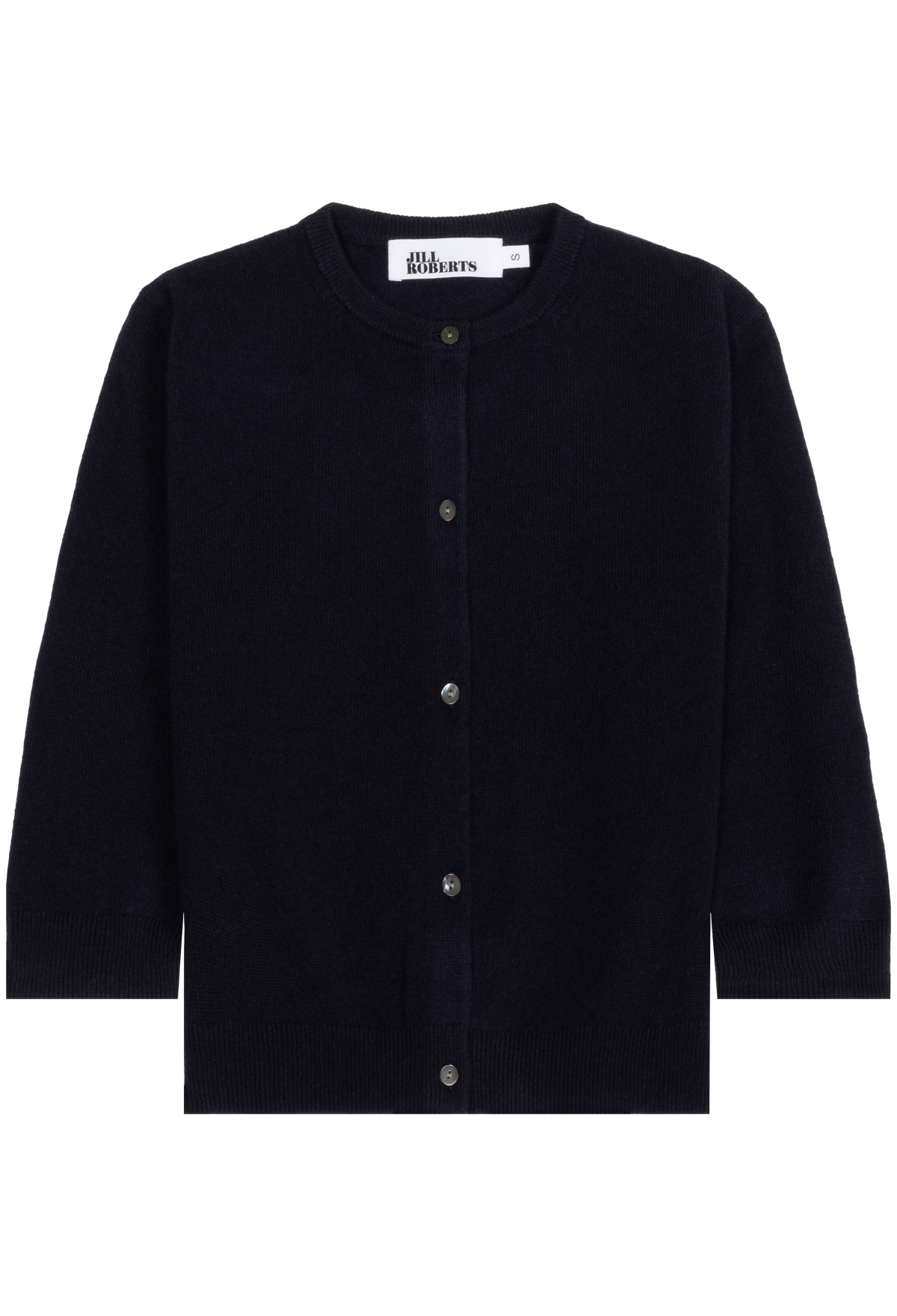 A dark navy blue knit cardigan sweater with a round neckline, front button closure, and ribbed cuffs and hem, shown flat on a white background.