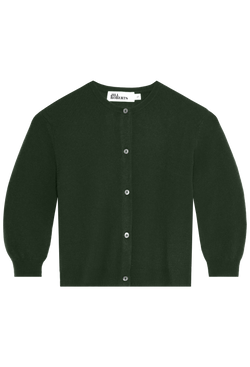 Dark green cardigan with button details on a white background