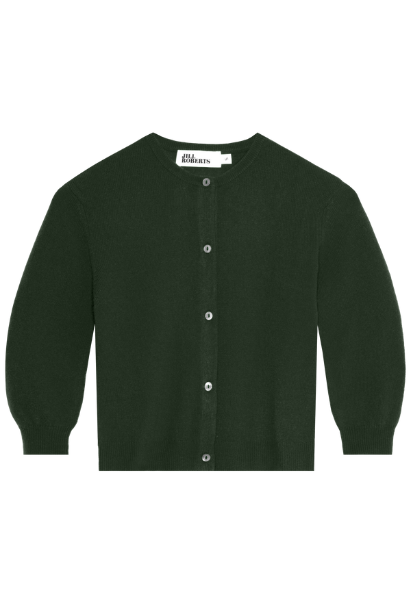 Dark green cardigan with button details on a white background