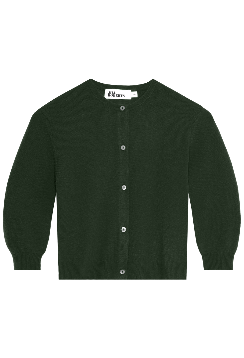 Dark green cardigan with button details on a white background