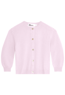 a cropped light pink 3/4 sleeve cashmere cardigan with five buttons. transparent background.