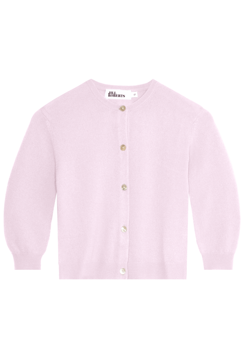 a cropped light pink 3/4 sleeve cashmere cardigan with five buttons. transparent background.