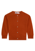 Orange cardigan with button details on a white background