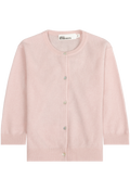 A light pink knit cardigan sweater with a crew neck and front button closure, displayed flat against a solid white background.