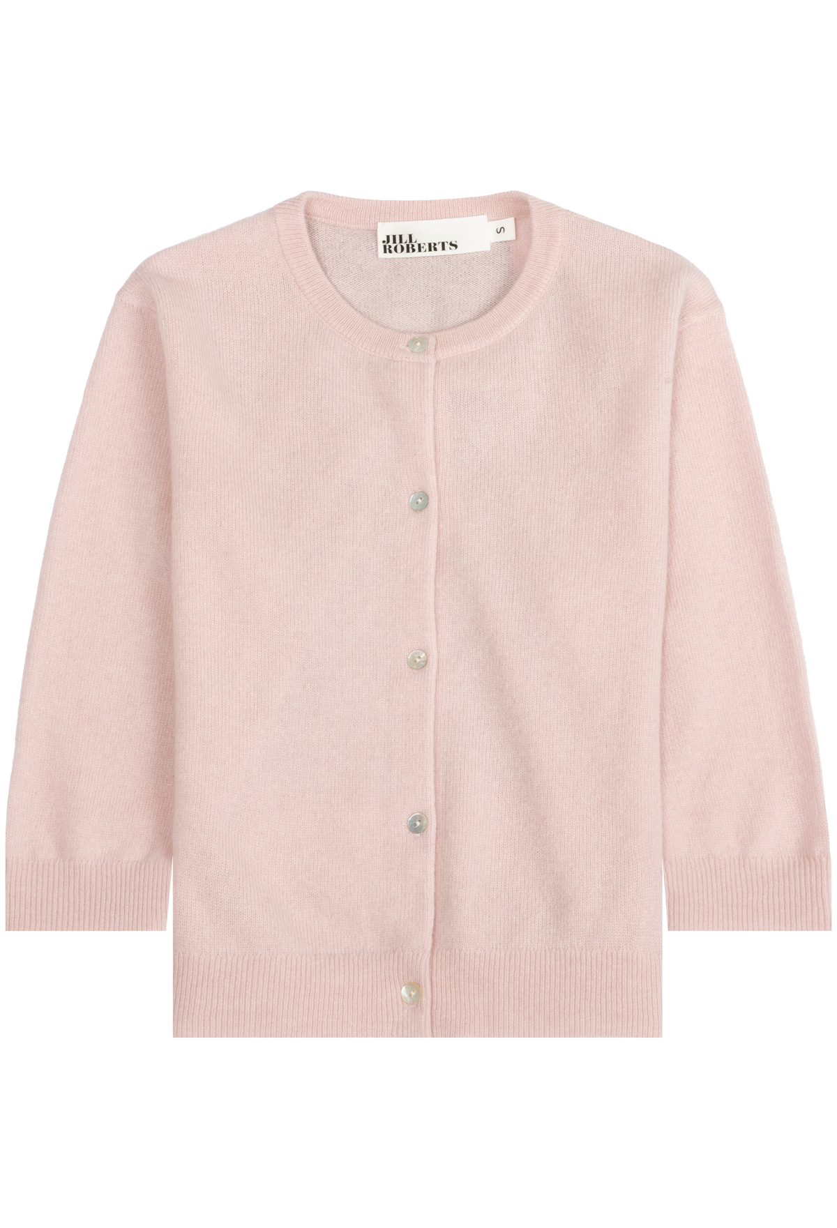 A light pink knit cardigan sweater with a crew neck and front button closure, displayed flat against a solid white background.