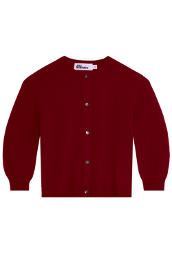 a cropped dark red 3/4 sleeve cashmere cardigan with five buttons. transparent background.
