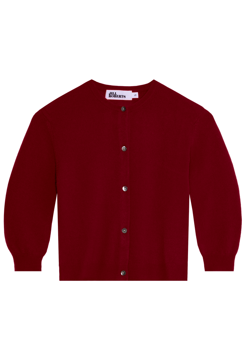 a cropped dark red 3/4 sleeve cashmere cardigan with five buttons. transparent background.