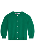 Green cardigan with white buttons on a white background