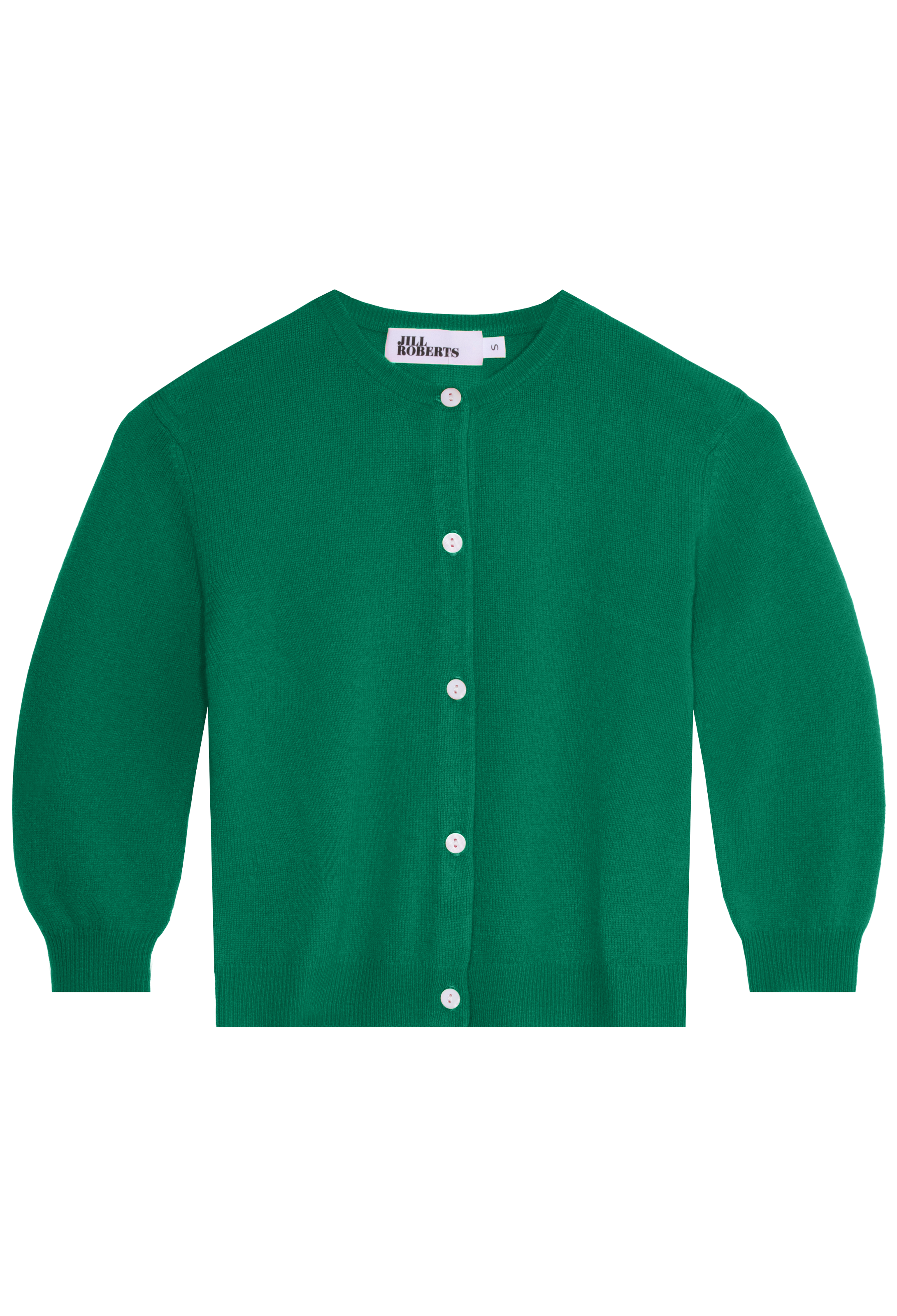 Green cardigan with white buttons on a white background