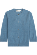 A blue knit cardigan sweater with a crew neck and button closure, shown flat against a white background. 