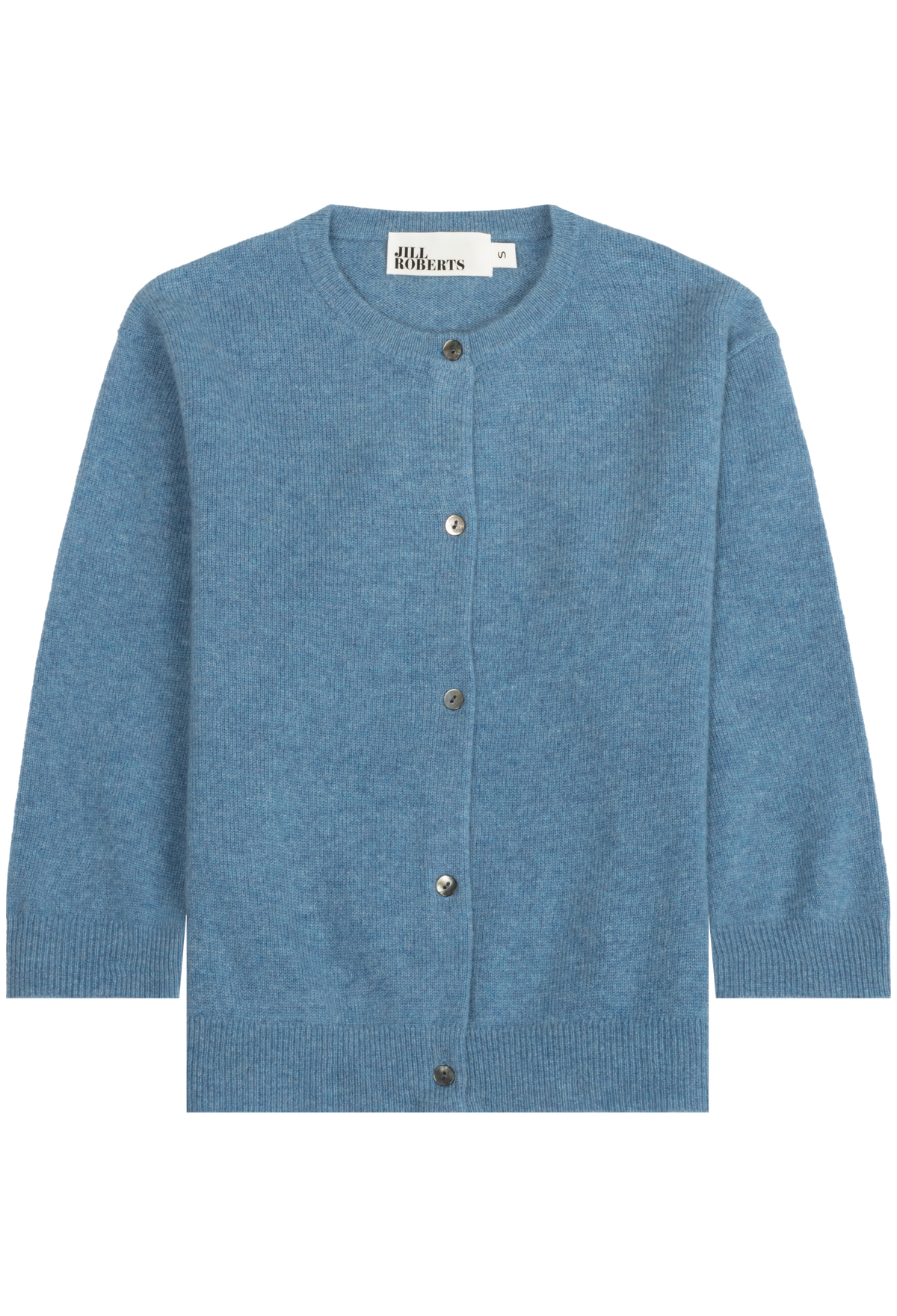 A blue knit cardigan sweater with a crew neck and button closure, shown flat against a white background. 